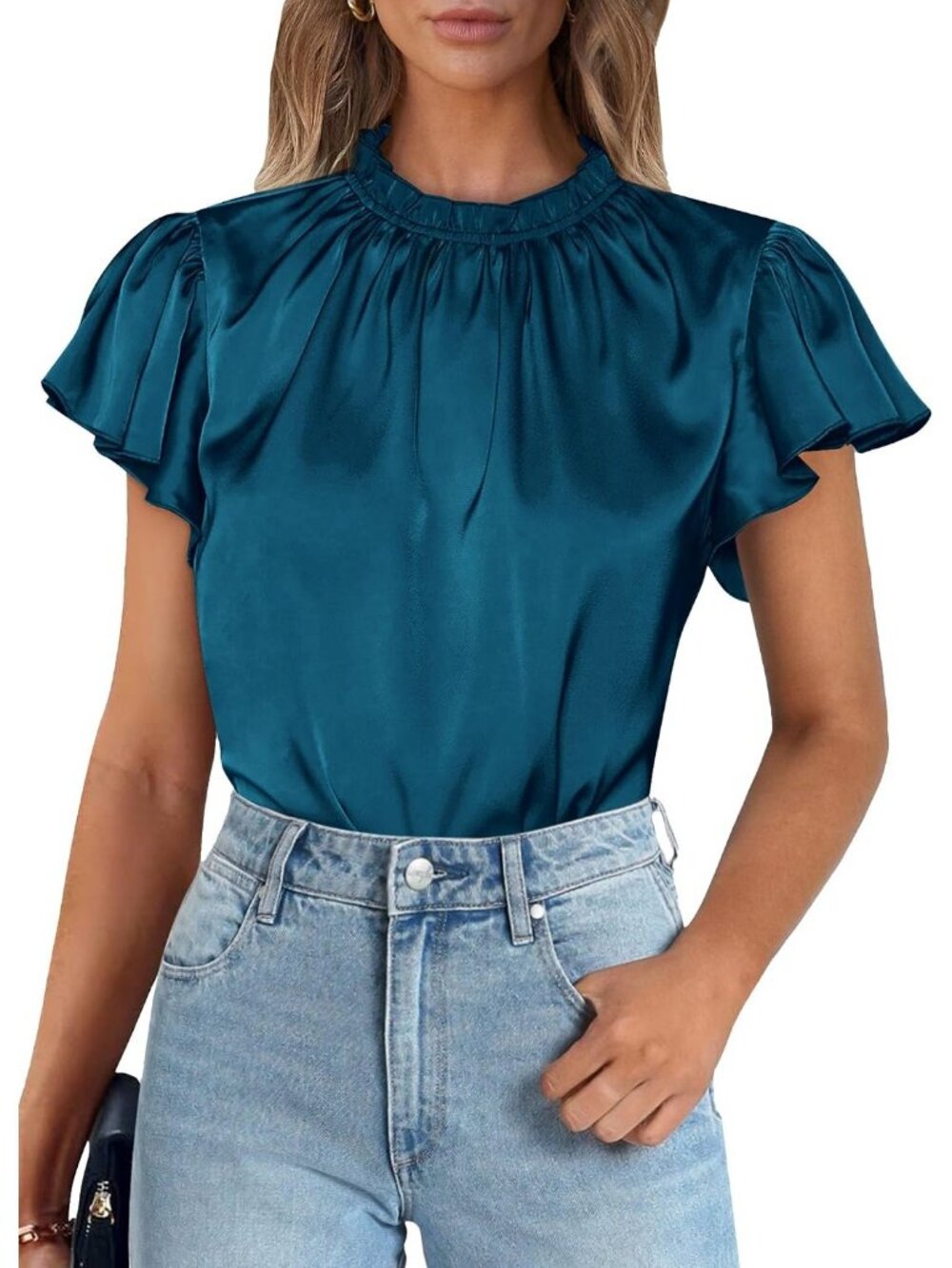 Women's Dark Sea Blue Satin Blouse Ruffled Neck Flutter Sleeve Office Silk Top
